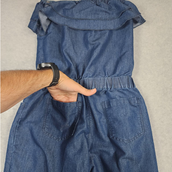 Gold Drama Girl's Sz M VTG Y2k Chambray Elastic Waist Strapless Jumpsuit - Picture 6 of 13
